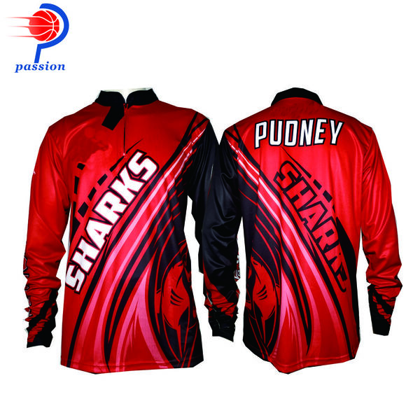 Fully Sublimated Red 50+ SPF Long Sleeve Fishing Shirt Jerseys with Ribbing Cuff 