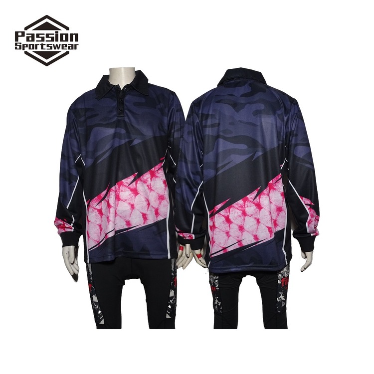 3 Button Long Sleeve Camo Black Pink Tournament Fishing Shirts Fish Scales