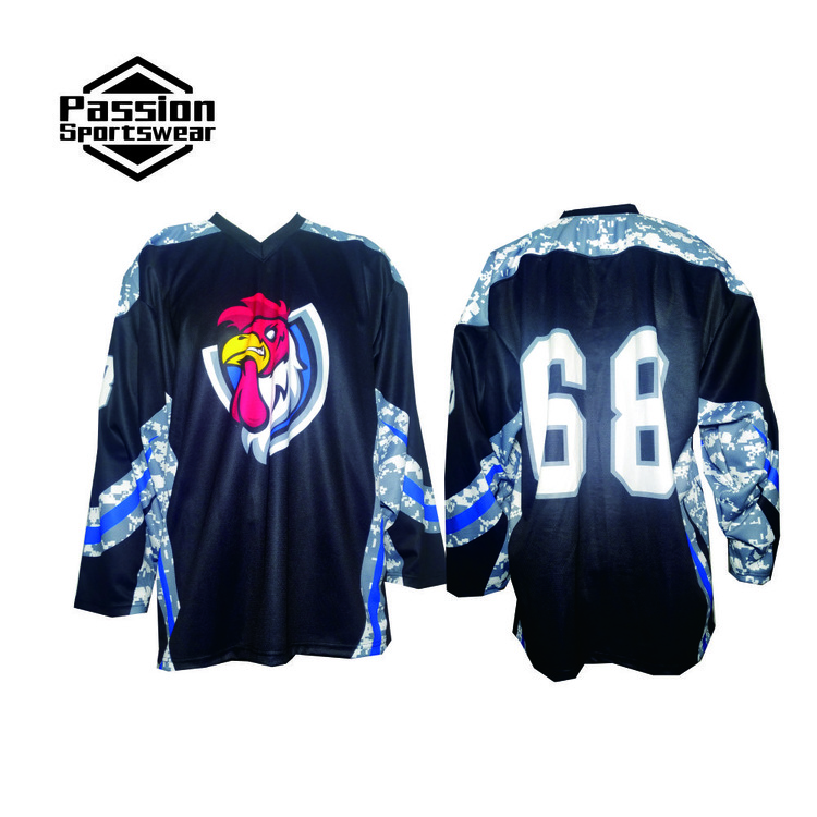 Black Blue Grey Camo Hockey Jerseys With Chicken Head Logo