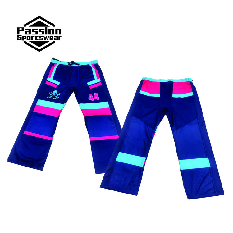 Navy Blue Pink Durable Double Knee Roller Hockey Pants