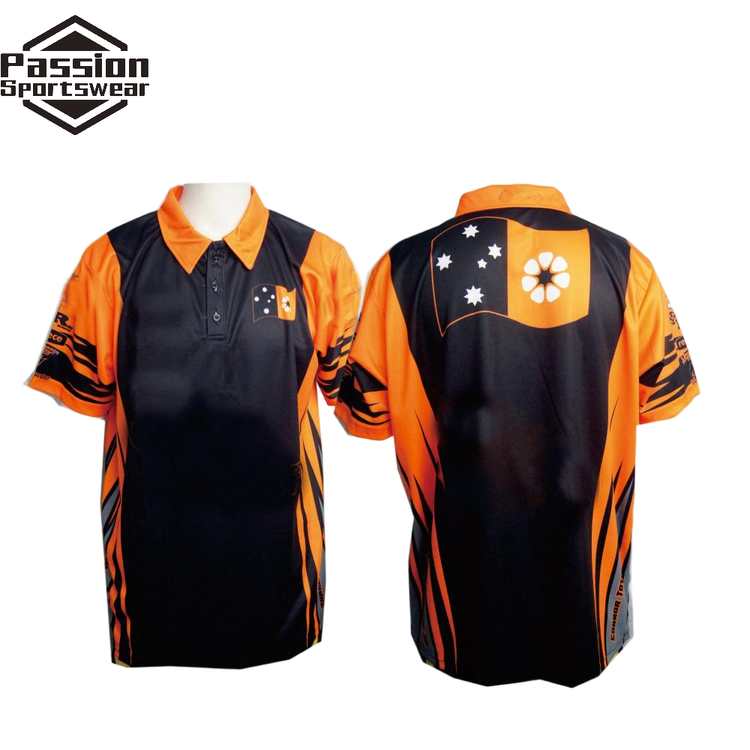 Black Orange Sublimation Printed Light Weight Pit Crew Racing Polo Shirts