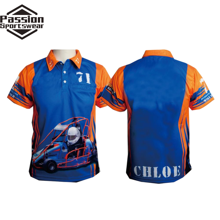 3 Short Sleeve Button Up Sublimated Blue Orange Racing Polo Shirt